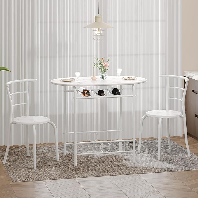 VECELO 3-Piece Dining Table Set for Kitchen Breakfast Nook, Faux Marbled Oval Tabletop and Metal Frame with Built-in Wine Rack, for Small Spaces, White