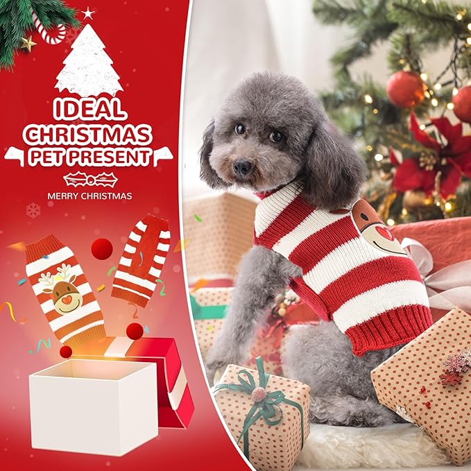 PETCARE Reindeer Christmas Dog Sweater Red Striped Cat Sweater Cartoon Elk Pet Vest Holiday Dog Clothes Puppy Sweaters for Small Medium Large Dogs Cats Fall Winter Outfits Xmas Dogs Costume,Large