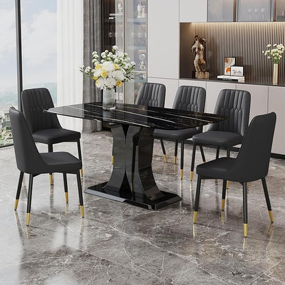 Modern Dining Table Set for 6, Marble Kitchen Table Chair Set for 6, Rectangular Kitchen Table with 6 Pu Leather Upholstered Chair for Dining Room (Black Table with 6 Black Chairs)