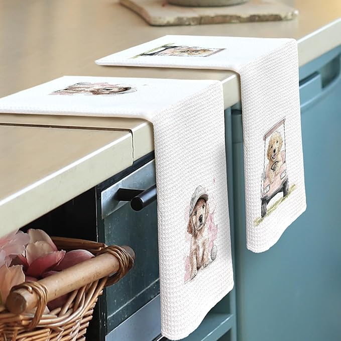 Golf Dog Kitchen Towels - Golden Retriever Dish Towels, Sports Gifts, Pet Golf Club Decorative Absorbent Dishcloths Hand Towels Set of 2 for Spa Kitchen Gym Decor 16x24 Inches