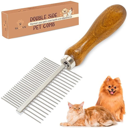 Takavu Double-Sided Metal Pet Comb for Dogs & Cats - Stainless Steel Teeth for Detangling, Removing Loose Hair & Flea Check - Grooming Tool