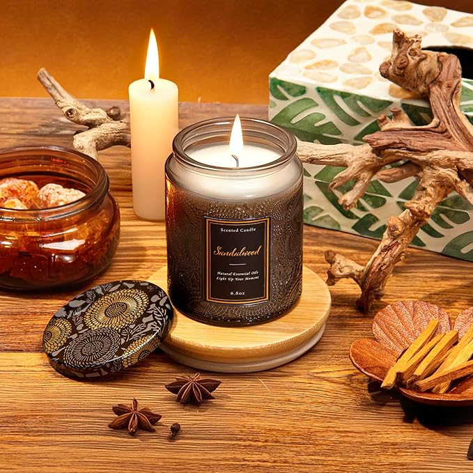 Sandalwood Scented Candle for Home, Luxury Glass Candles Soy Wax for Men and Women, Aromatherapy Candle Gift for Christmas Birthday Mother, 6.8 oz