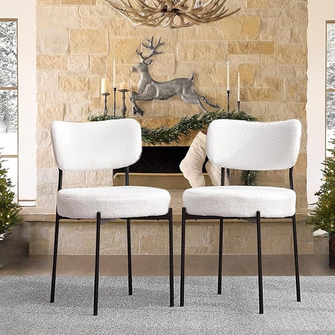 White Boucle Dining Chairs Set of 2, Upholstered Dinner Chair with Metal Frame, Dining Room Chairs with Padded Seat, Round Modern Seating for Living Room