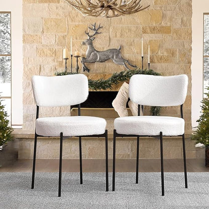 White Boucle Dining Chairs Set of 2, Upholstered Dinner Chair with Metal Frame, Dining Room Chairs with Padded Seat, Round Modern Seating for Living Room