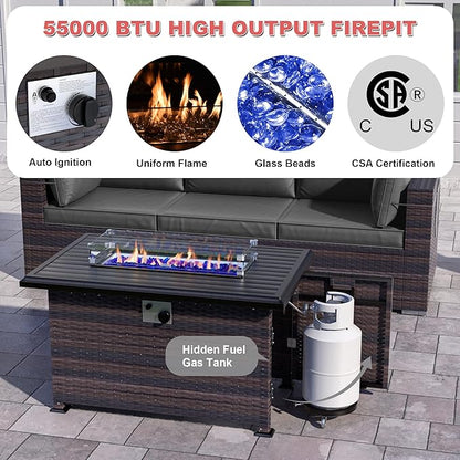 Kurapika 10 Pieces Patio Furniture Set, Rattan Wicker Outdoor Conversation Sets w/43in Propane Fire Pit Table and 4 Inch Cushion(Grey)