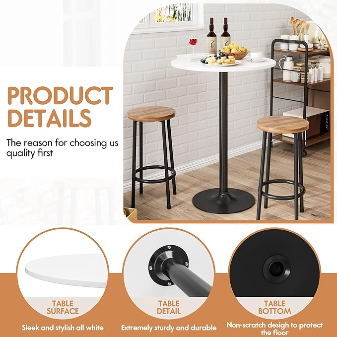 Shahoo Round Bar Table, Cocktail Tables with Metal Base & MDF Top, for Bistro Pub, Cafe, White