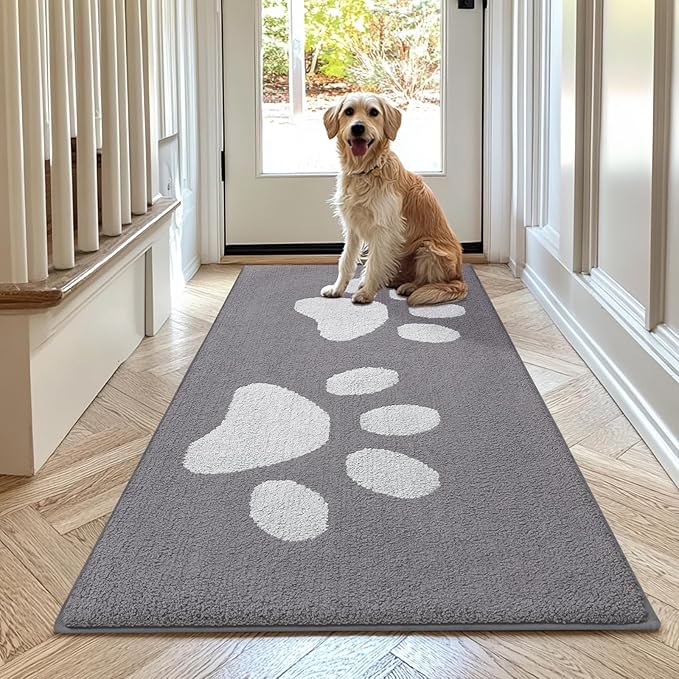 Buganda Dog Door Mat for Muddy Paws, Absorbent Dirt Trapper Washable Indoor Doormats, Non Slip Low-Profile Mud Mat for Dogs, Front Entrance Doormat for Inside Floor (70x24 Inches, Light Grey)