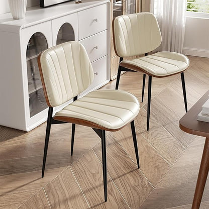 Dining Chairs Set of 6, Mid Century Modern Dining Room Chair, Upholstered Faux Leather Kitchen Chairs with Walnut Bentwood Back and Metal Legs for Kitchen Dining Room Living Room, Beige