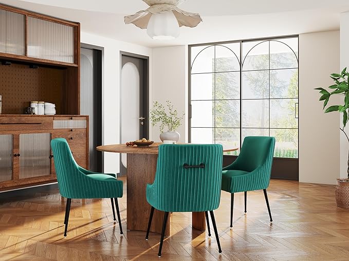 Velvet Dining Chairs Set of 2,Dark Green Upholstered Living Room Chairs with Black Metal Legs, Modern Tufted Accent Chairs for Living Room, Study Room, Kitchen