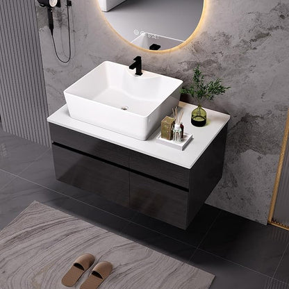 Goujxcy 31.5" Wall Mounted Bathroom Vanity with Sink, Modern Floating Bathroom Cabinet with Ceramic Sink & Storage, Wood Hanging Bath Room Cabinet with Soft-Close System (White & Black)