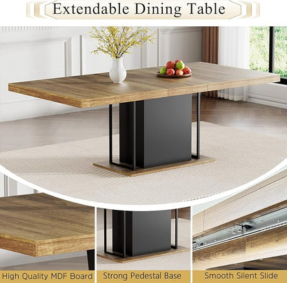 Goujxcy 78.7" Farmhouse Extendable Dining Room Table Set for 6, 7-Piece Rectangle Kitchen Dining Room Table Set with Wood Base and 6 Grey Velvet Dining Chairs, Extending Kitchen & Dining Table Set