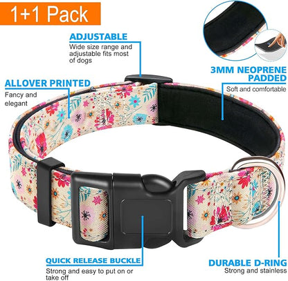 Reflective Dog Collar Padded with Soft Neoprene Breathable Adjustable Nylon Dog Collars for Small Medium Large Dogs (Medium (Pack of 1), Vanila/Pink Floral Collar+Leash)