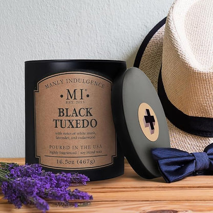 Manly Indulgence Black Tuxedo Candles for Men, 2 Wick, 16.5 oz, Premium Soy Blend Wax, 60H Burn, Candles for Home Scented - Made in The USA