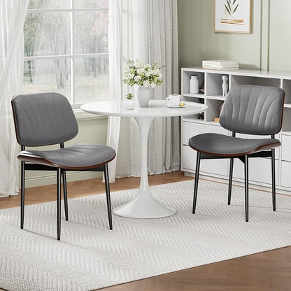 Dining Chairs Set of 4, Mid-Century Modern Upholstered PU Leather Chairs with Walnut Back and Metal Legs Adjustable Feet for Kitchen Dining Room, Dark Gray Shell Strips