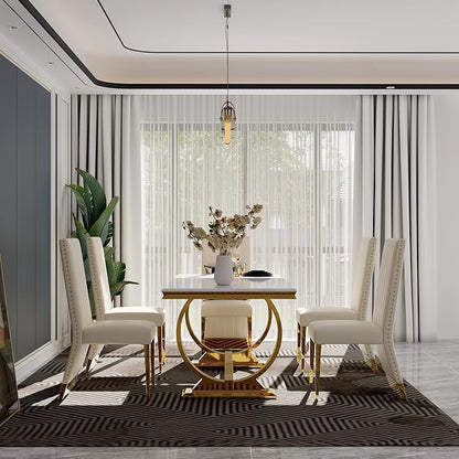 White and Gold Dining Chairs Set of 2, Glam White Leather Dining Chair with Nailhead Trims, High Back Dining Room Chairs