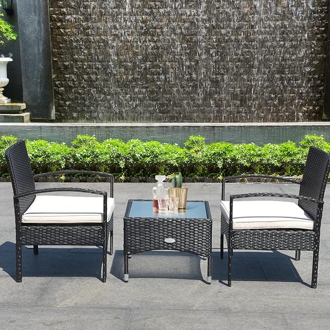 COSTWAY 3 PCS Patio Wicker Conversation Set, PE Rattan Sofa with Tempered Glass Coffee Table, 2 Chairs, 2 Cushions, Outdoor Patio Furniture Set for Yard Porch Bistro Balcony Backyard Pool, White
