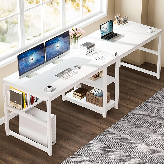 Tribesigns Two Person Desk with Bookshelf, 78.7 Computer Office Double Desk for Two Person, Rustic Writing Desk Workstation with Shelf for Home Office (White)