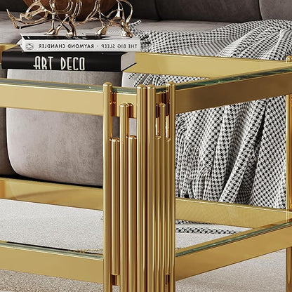 Goujxcy Modern Glass Coffee Table 47" Gold Center Table with Tempered Glass Top and Mirror Finish Stainless Steel Legs, Luxury Rectangular Coffee Table for Living Room Apartment (Gold)