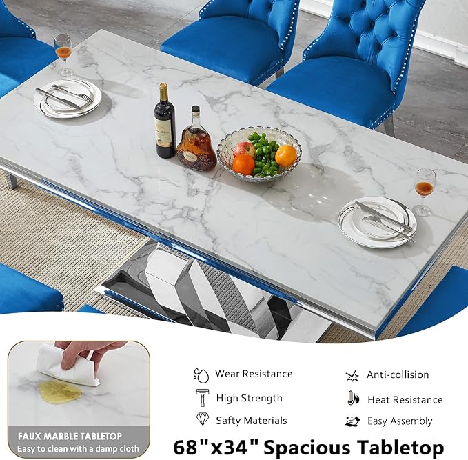 Modern White Marble Dining Table Set for 4,5-Piece Kitchen Table and Chairs for 4,Luxury Silver Dining Room Table Set w/68" Rectangle Dinner Table & 4 Beige Velvet Chairs for Kitchen Dining Room