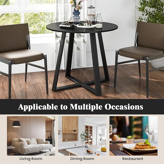 COSTWAY 36 Inch Round Table, Kitchen Table for 4 People with Rubber Wood Frame, Pedestal Base, Farmhouse Rustic Table for Living Room Restaurant, Black