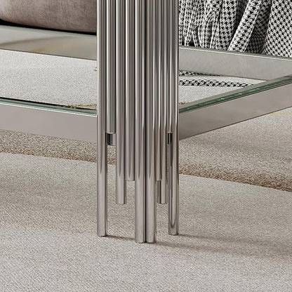 Goujxcy Modern Glass Coffee Table 47" Silver Center Table with Tempered Glass Top and Mirror Finish Stainless Steel Legs, Luxury Rectangular Coffee Table for Living Room Apartment (Silver)