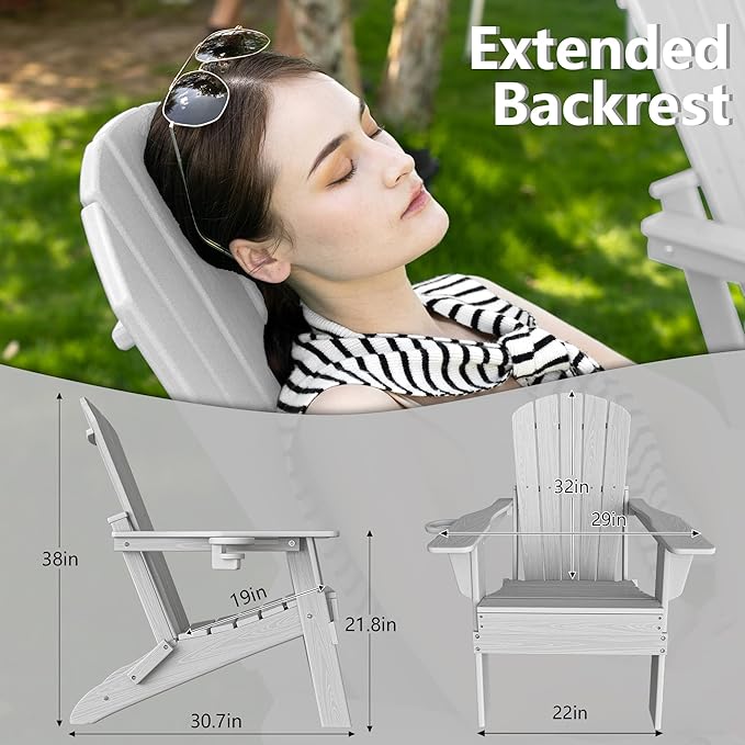 Plawdlik Folding Adirondack Chair, SGS Tested, Wooden Textured with Cup Holder, Heavy All-Weather HDPE Comfortable Set Poolside Backyard Lawn White Set 4