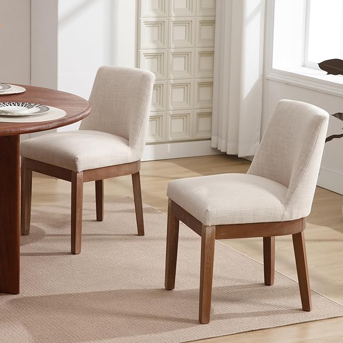 Modern Dining Chairs Set of 4 Comfortable Dining Room Chairs with Back, Linen Fabric Upholstered Kitchen Side Chairs with Natural Wood Legs for Living Room, Beige