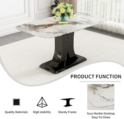 Modern Dining Table Set for 4, Marble Kitchen Table Chair Set for 4, Rectangular Kitchen Table with 4 Pu Leather Upholstered Chair for Dining Room (Brown-C, White Table Set for 4)