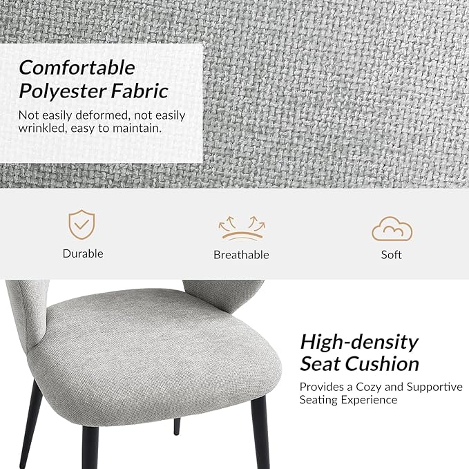 Contemporary Dining Chairs with Armrests – Ergonomic Soft-Padded Seat, Curved Backrest, Matte Black Metal Legs, Comfortable Kitchen & Dining Room Chairs, Set of 4