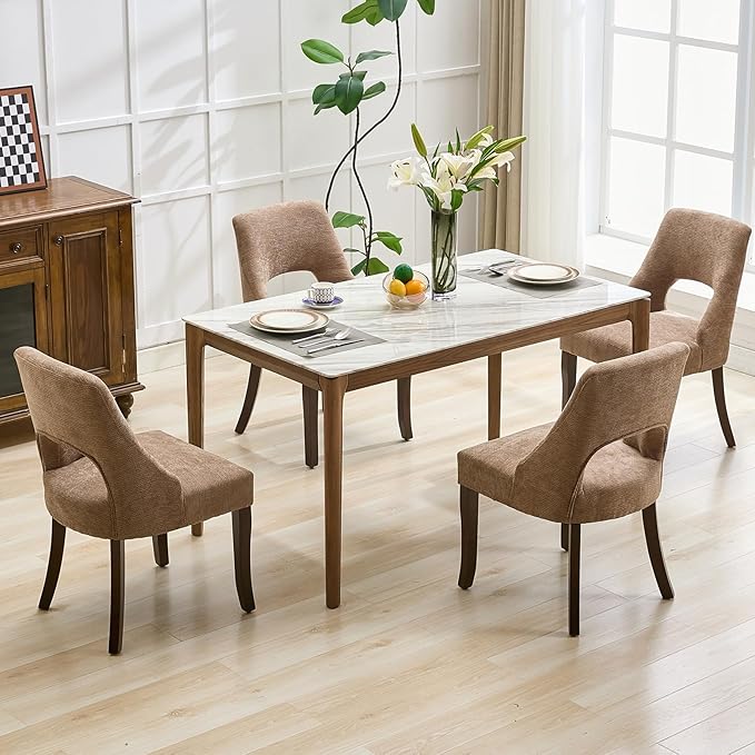 UVV Wooden Dining Chairs Set of 2, Mid Century Modern Upholstered Dining Room Chair Kitchen Chairs, Chenille Dinner Chair with Solid Wood Legs for Kitchen Dining Room, Khaki-Chenille