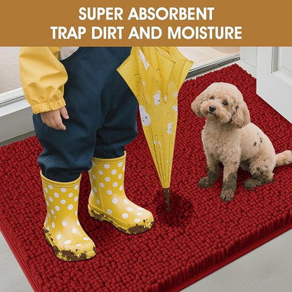 IM HOME Dog Door Mats for Muddy Paws, 30" X 20" Christmas Chenille Absorbent Doormat, Non Slip Heavy Dog Rugs for Muddy Paws, Soft Indoor Door Mat for Entryway, Mud Paw, Inside Floor, Red
