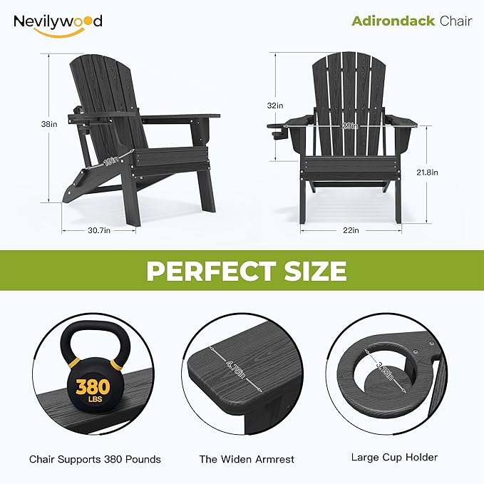 nevilywood Folding Adirondack Chair with Cup Holder Set of 4, HDPE Patio Chairs,All-Weather Outdoor Chairs for Backyard, Deck,Fire Pit-Black
