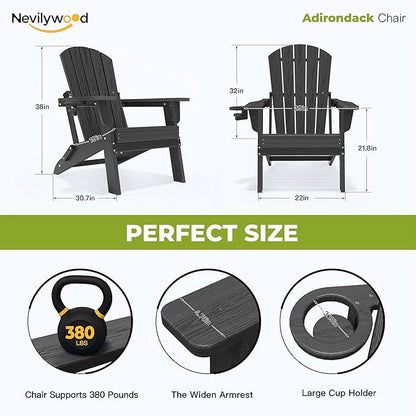 nevilywood Folding Adirondack Chair with Cup Holder Set of 4, HDPE Patio Chairs,All-Weather Outdoor Chairs for Backyard, Deck,Fire Pit-Black