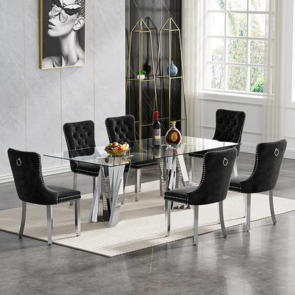 Goujxcy 70" Glass Dining Table Set for 6, Modern Silver Dining Table Set with 6 Black Velvet Upholstered Dining Chairs, 7 Piece Kitchen Dining Room Table Set with Stainless Steel Legs