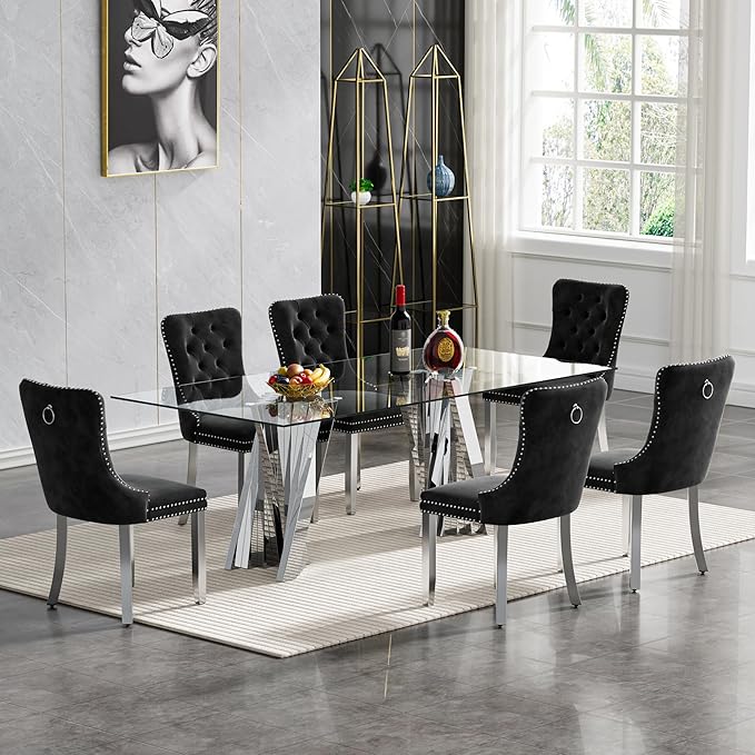 7 Piece Dining Table Set with 6 Black Dining Chairs, Modern Glass Kitchen Table and Chairs Set for 6, 70" Rectangle Silver Glass Pedestal Dining Room Tables with Flash-Shape Stainless Steel Base