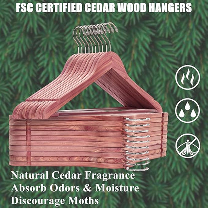 Amber Home 30 Pack American Red Cedar Hangers, Smooth Finish Wood Coat Hangers with Swivel Hook & Notches for Suit, Shirt, Dress, Jacket, Pants