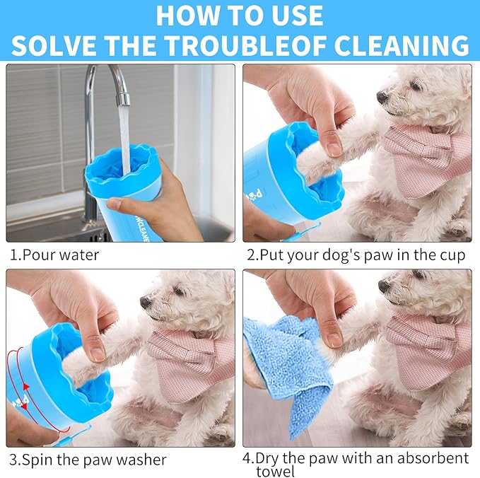 Professional 7 in 1 Dog Paw Cleaner for Dogs & Cats - Includes 1 Portable Paw Washer, 1 Bath Brush, 2 Dog Toothbrushes and 3 Absorbent Towels Note: Fits Paws up to 2 Inches Wide (Small, Blue)