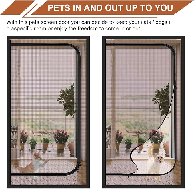 Upgraded Reinforced Pet Screen Door Thickened Cat Resistant Mesh Screen Door for Living Room, Bedroom, Patio, Dog Cat Scratch Proof Screen with Zipper Closure (Fits Door Size up to 36''x 82'', Black)