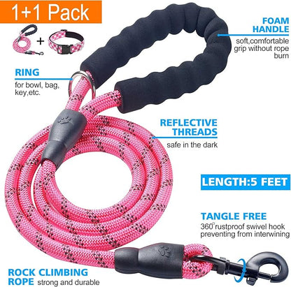 Reflective Dog Collar Padded with Soft Neoprene Breathable Adjustable Nylon Dog Collars for Small Medium Large Dogs (Medium (Pack of 1), Pink Plaid Collar+Leash)
