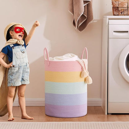 62L Hamper Laundry Basket for Baby Girls Kids Rainbow Nursery Hamper for Clothes Pastel Unicorn Woven Rope Blanket Basket for Toy in Playroom Bedroom Large
