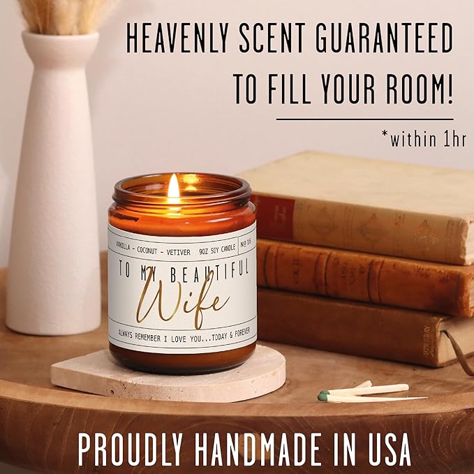 Wedding Anniversary Gifts for Wife, Wife Gifts - "To My Beautiful Wife" Soy Candle, w/Vanilla, Coconut & Vetiver I Gift for Wife from Husband I Anniversary Gifts for Women I 50Hr Burn, Made in USA