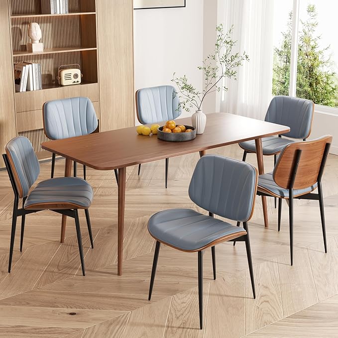 Dining Chairs Set of 6, Mid Century Modern Dining Room Chairs, Upholstered Faux Leather Kitchen Chairs with Walnut Bentwood Back and Metal Legs, Blue