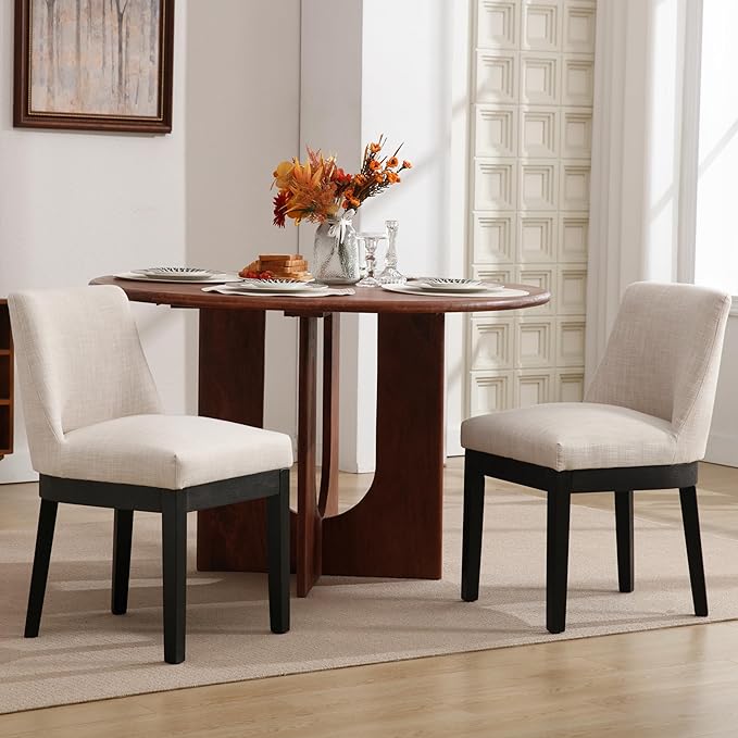 Modern Dining Chairs Set of 2 Comfortable Dining Room Chairs with Back, Linen Fabric Upholstered Kitchen Side Chair with Black Wood Legs for Living Room, Beige
