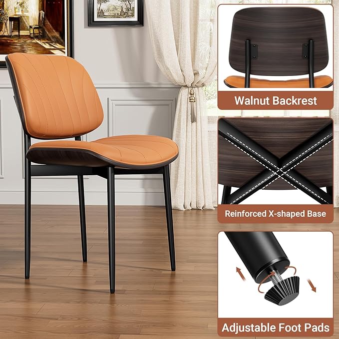 Dining Chairs Set of 4, Mid Century Modern Dining Room and Kitchen Chairs, Upholstered PU Leather Chairs with Walnut Bentwood and Metal Legs, Orange