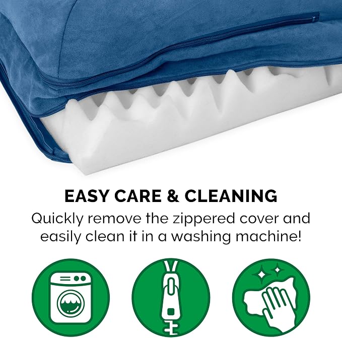 Furhaven Orthopedic Dog Bed for Large/Medium Dogs w/ Removable Bolsters & Washable Cover, For Dogs Up to 55 lbs - Two-Tone Plush Faux Fur & Suede L Shaped Chaise - Marine Blue, Large