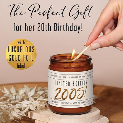 20th Birthday Gifts for Women - 'Limited Edition 2005' Soy Candle, w/Champagne on Ice I 20 Birthday Gifts for Women I 20th Gift for Her Ideas I 9oz Reusable Jar, 50Hr Burn, Made in USA