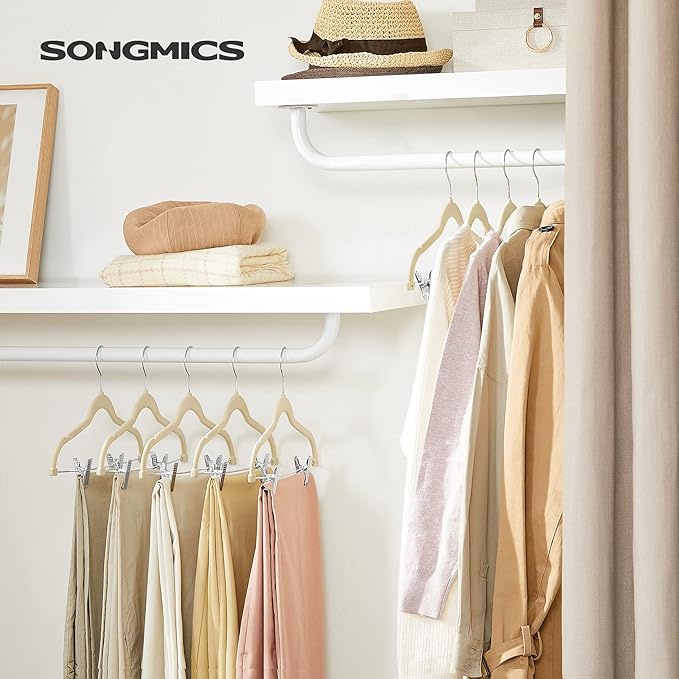 SONGMICS 30-Pack Pants Hangers, 16.7-Inch Long Velvet Hangers with Adjustable Clips, Heavy-Duty, Non-Slip Skirt Hangers, Space-Saving for Pants, Skirts, Coats, Dresses, Sandy Beige UCRF012M30