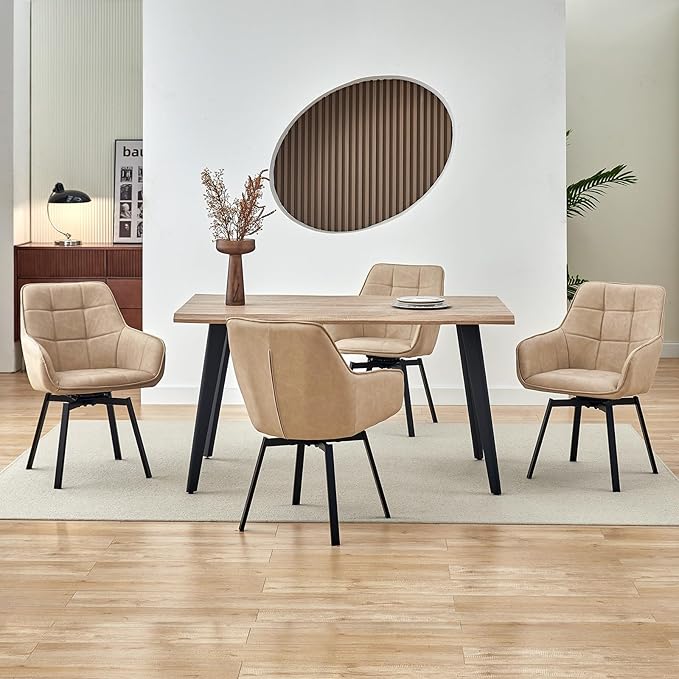 TUKAILAi Modern Swivel Armchairs Set of 6, Faux Leather Upholstered Accent Dining Chairs with Metal Legs, Rotatable Leisure Chair for Kitchen Guest Reception Restaurant Commercial (Cream)
