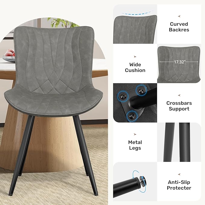 Dining Chair Set of 6 PU Leather Dining Room Chairs Upholstered Comfy Dining Chairs,Modern Kitchen Armless Side Chair with Sturdy Metal Legs,Grey