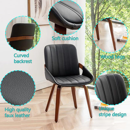 Mid Century Modern Faux Leather Upholstered Dining Chairs,Armless Accent Chairs with Sturdy Natural Wood Legs,Bamboo Backrest Support for Kitchen&Dining Room Chairs(Set of 2,Black PU)